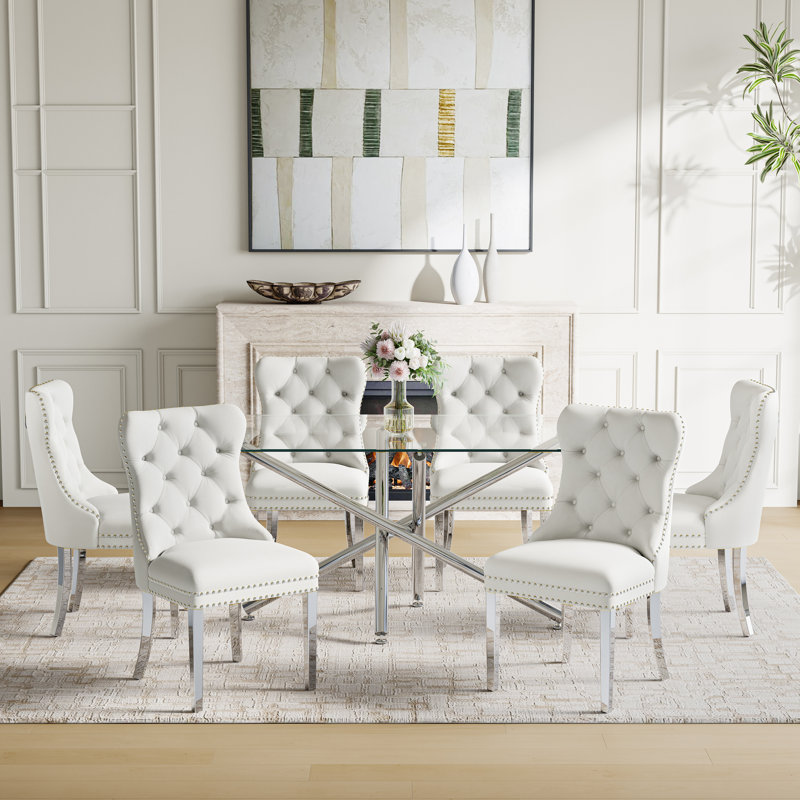 7-Piece Modern Dining Set – Rectangular Glass Table With Mirrored Metal Base & 6 Velvet Upholstered Chairs, Silver/White