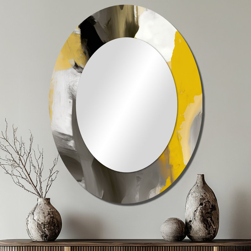 Mustard Yellow And Vivid Gray II - Large Oval Wall Mirror On Metal, 40" x 30"