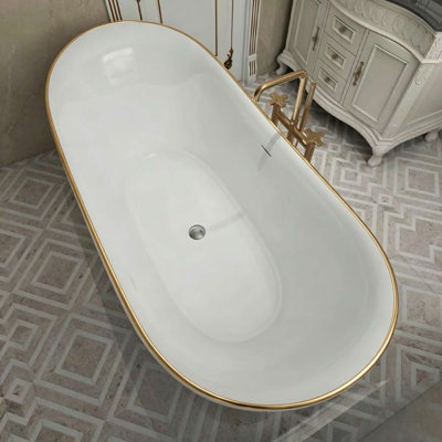 Baignoire de trempage autoportante en acrylique brillant blanc 59 po x 29,5 po avec bordure dorée mince, fond plat 319GD