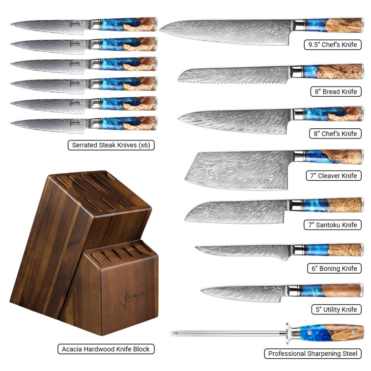 Tsunami 15-Piece Japanese Damascus Steel Knife Block Set – Senken Knives