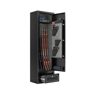 8 - Gun Capacity Rifle Safe. Holds Rifles, Pistols, Shotguns. Digital Lock For Quick Access. Removable Shelf. Special Gun Rack For Scoped Rifles. Plus, A Handy Storage Drawer