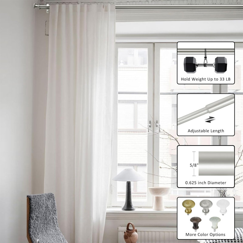 Ensemble de tringle à rideaux télescopique 5/ 5/8 po de diamètre avec faîteaux de trompette, 28"-48", Argent argent