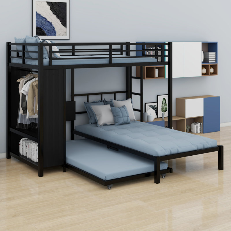 Lit superposé en métal avec garde-robe, lit gigogne, bureau pliable, échelles, Simple sur simple