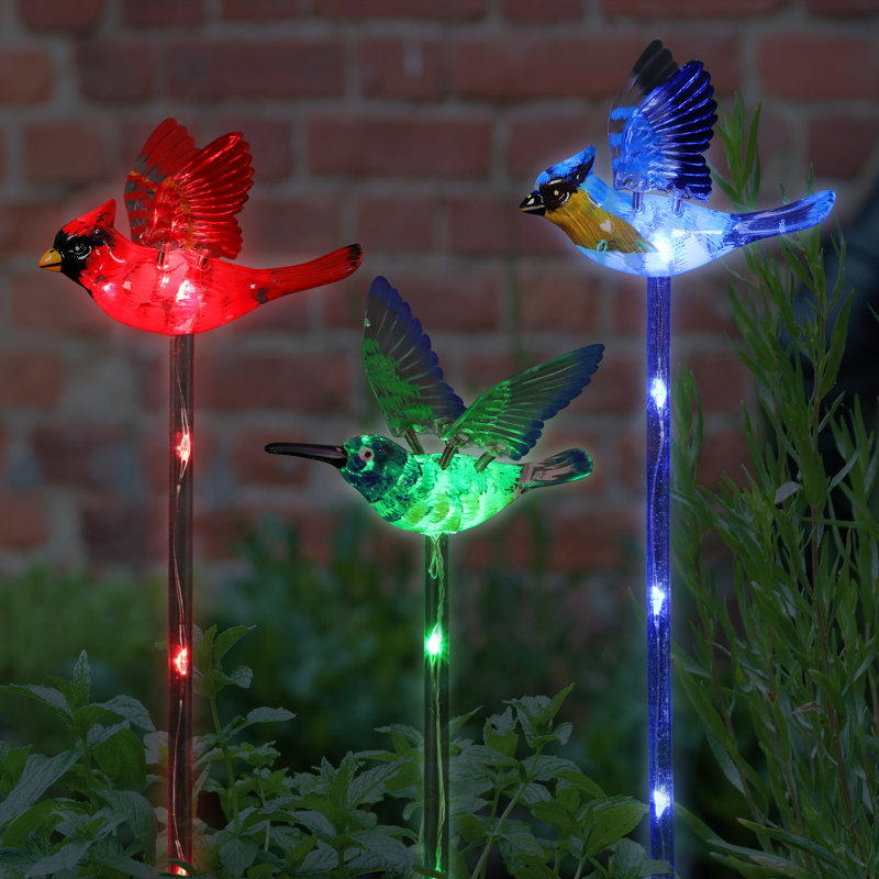 Exhart Solar WindyWing Garden Stake Set of Cardinal, Hummingbird and Blue Bird with Colored LED Lights, 4x27"