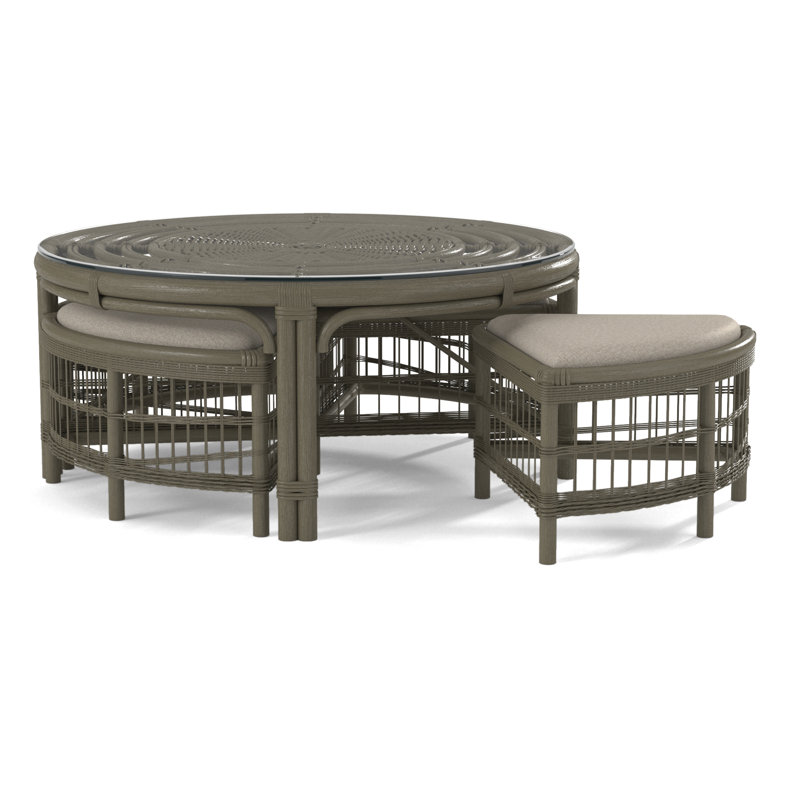 Raffles Rattan Cocktail Table with Benches, Stone Hearth, Blue Buffalo Check; 0120-61