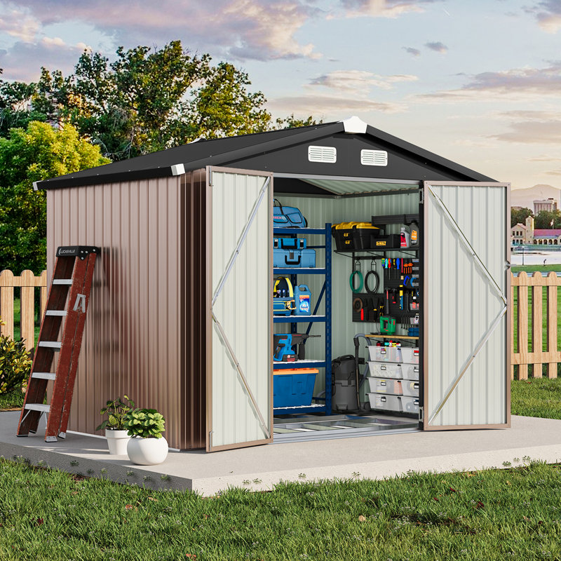8 Ft. W X 6 Ft. D Metal Storage Shed With Metal Base Frame Kit, 8' W x 6' D, Brown