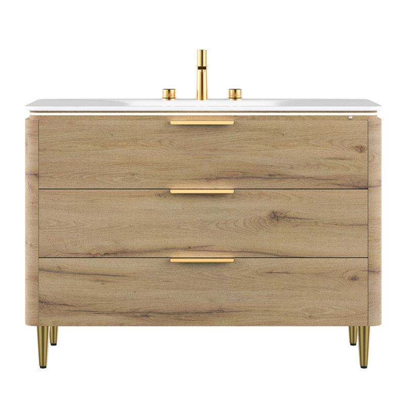 Meuble-lavabo de salle de bain avec lavabo autoportant en contreplaqué à bords arrondis avec 3 tiroirs, lavabo intégré en pierre frittée blanc Carrara, pré-assemblé, couleur chêne blanc AMara