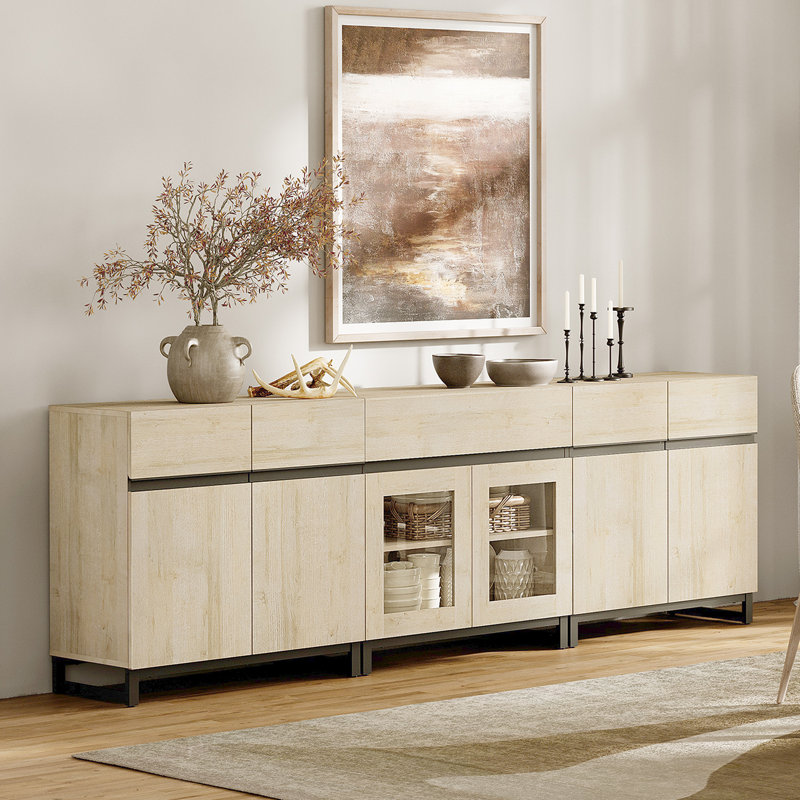 Modern Sideboard With Adjustable Shelves And Drawer, 3 In 1 Storage Cabinet With Glass Doors, Coffee Bar Cabinet For Living Room, Kitchen