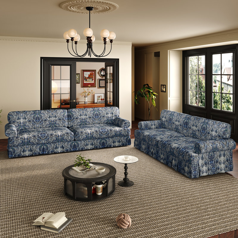 Canapé en tissu Oxford avec accoudoirs roulés élégants et jupe plissée de 26,4 po., H 33,5 po x l 93,7 po x P 38,2 po, 4