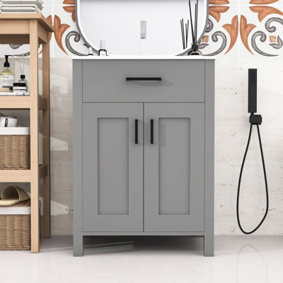 Meuble-lavabo de salle de bain avec lavabo en céramique, tiroir rabattable et tablette réglable