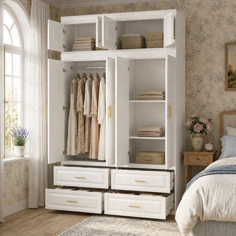 Armoire de chambre de 93,9 po de hauteur avec armoire supérieure, tringle et 4 tiroirs