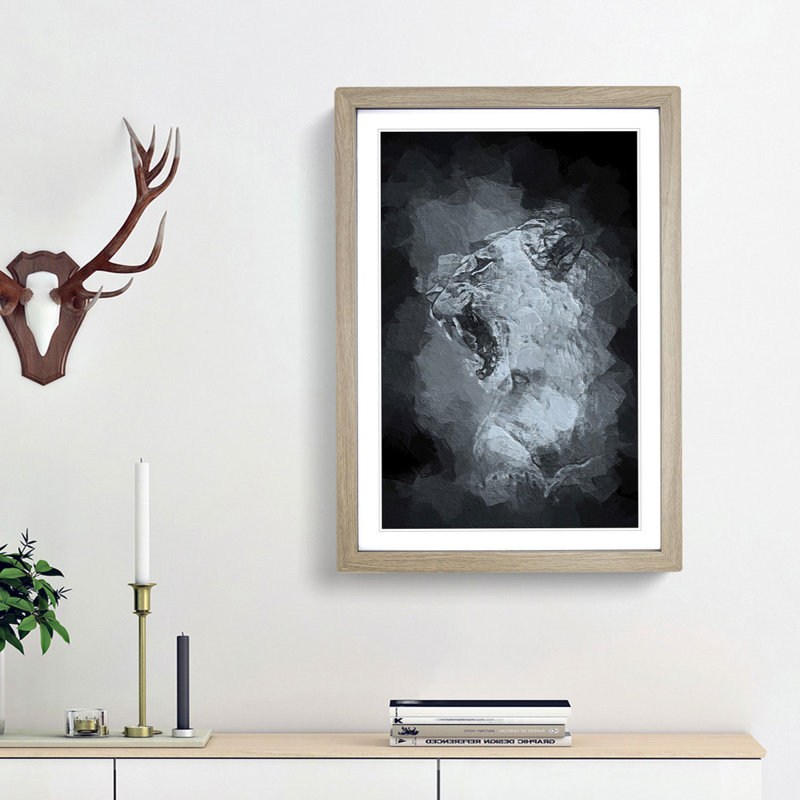 Fierce Lioness in Abstract - Picture Frame Painting Print, Oak Framed, 36cm H x 27cm W x 2cm D