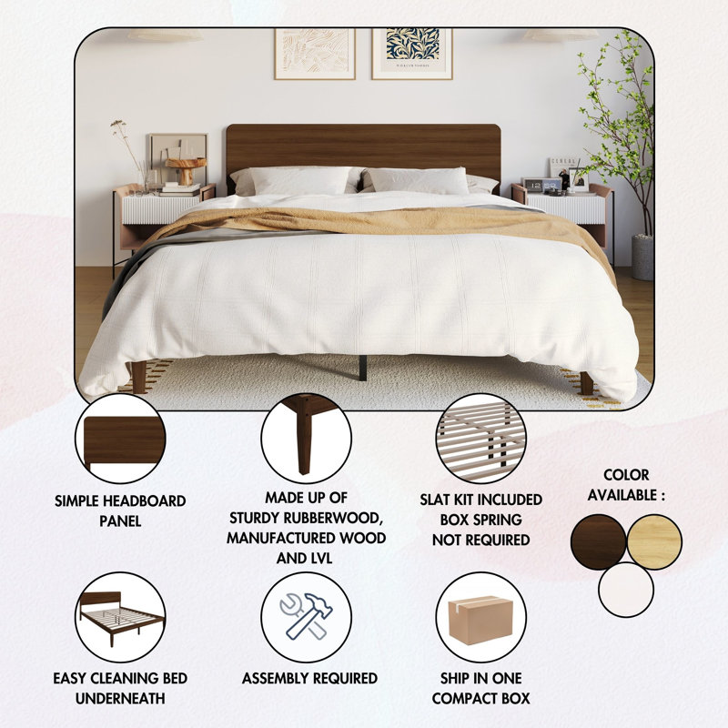 Wooden Platform Bed, Full, Walnut
