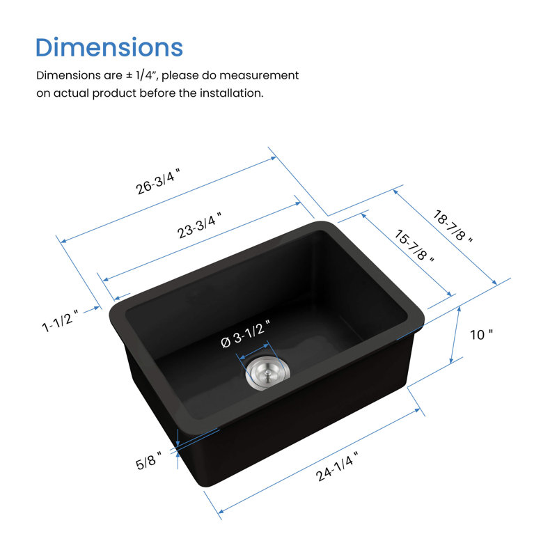 Pure Matte Black Undermount Single Bowl Fireclay Kitchen Sink