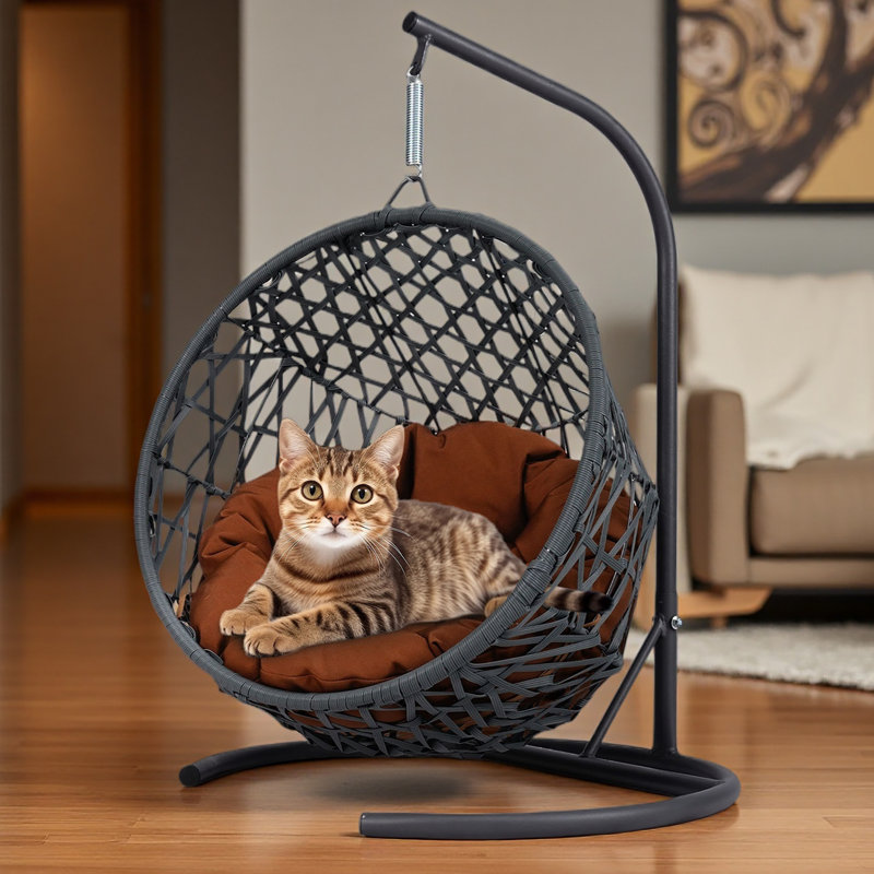 Lit à balançoire pour chat avec support et coussin, chaise à œuf pour chat avec apparence d'osier en rotin, lit à balançoire suspendu pour chats, petits chiens et petits animaux