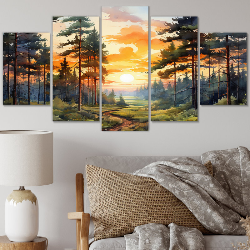 Pin Tree Sunset Glow I - Décoration murale pin - 5 panneaux