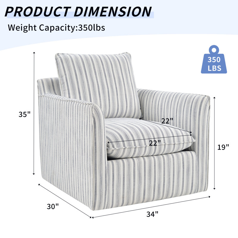 Fauteuil demi-tonneau pivotant à rayures souples de 34 po de largeur avec coussin amovible