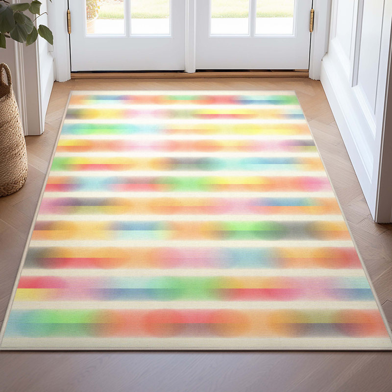 Tapis à motif géométrique multicolore Winston Porter Shanea Misty Stripes, Rectangle 3 pi 3 po x 5 pi