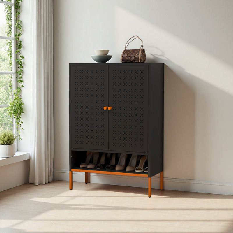 Grid Double Door Shoe Cabinet, Three Adjustable Compartments For Flexible Storage, Suspended Hollow Shoe Changing Compartment, Bottom 15Cm Moisture-Proof High Foot Design