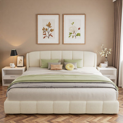 Boucle Fabric Upholstered Platform Bed With Rounded Headboard Design And Sturdy Legs