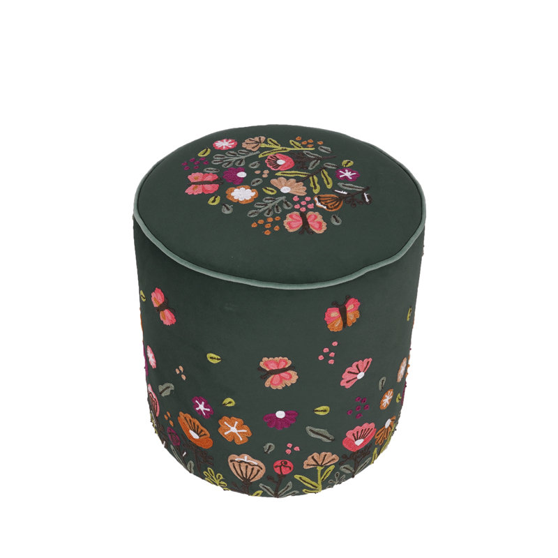 Handmade Embroidered Velvet Upholstered Ottoman, Dark Green,  Green Floral