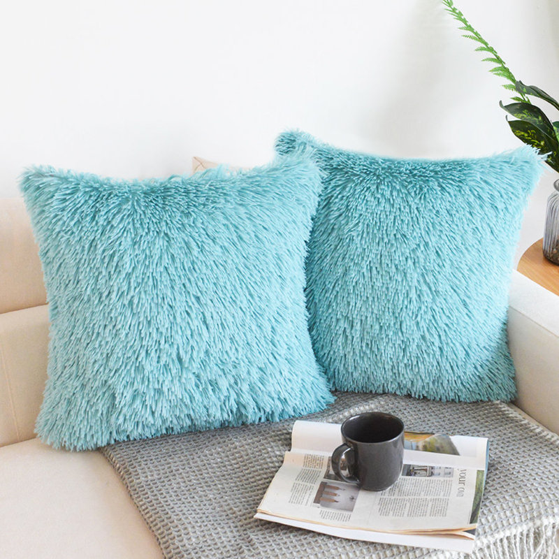 Housse de coussin carrée en fausse fourrure, Bleu sarcelle, H 24 po x l 24 po