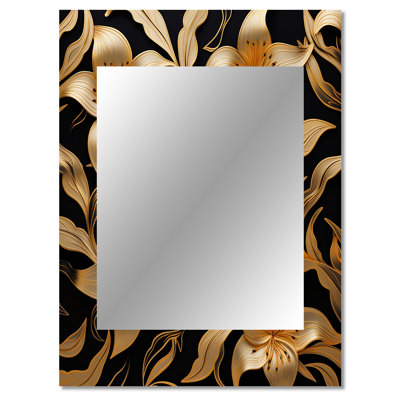 Golden Lily Flower Glam On Black VII - Lily Unique Wall Mirror, Gold Mirror, Printed Metal Art