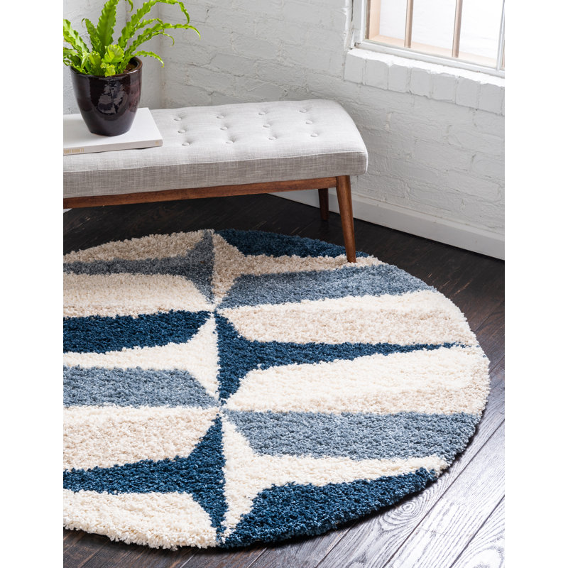 Tapis bleu à motif géométrique Mitzy, Rond 3 pi 3 po