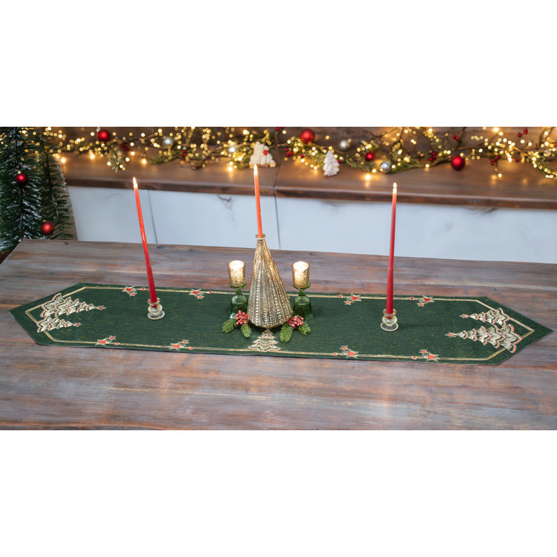 Chemin de table en lin vert, motif sapins de Noël dorés, 14 x 90 pouces (35,5 x 229 cm), 14 x 90