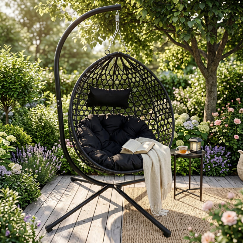 Foldable Hanging Egg Chair With Stand, Hdpe Rattan Wicker Swing Chair With Cushion, Heavy Duty Frame 350 Lbs Capacity, Outdoor Patio Indoor Bedroom Balcony, Black+ Black