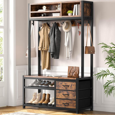 Hall Tree with Bench and Shoe Storage, Coat Rack Freestanding with 3 Fabric Drawers