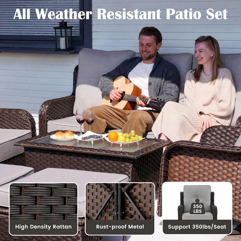 Ensemble de conversation de patio en osier 3 pièces pour 2 personnes avec chaises pivotantes à 360°, coussins et table d'appoint à plateau en verre