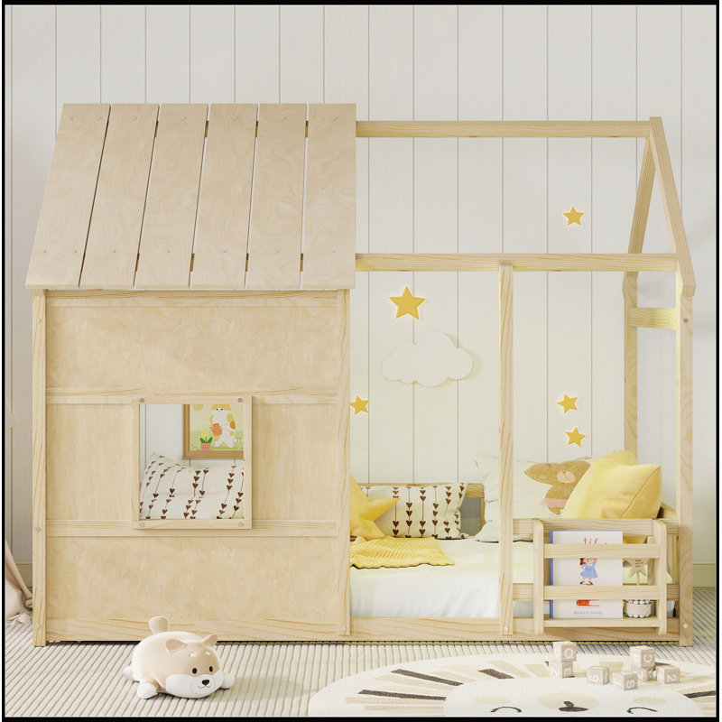 Lit simple au sol avec lumière DEL 7 couleurs et bibliothèque intégrée pour le confort et le jeu des enfants, Cream/Natural