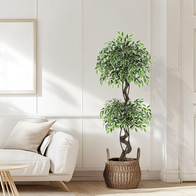 5FT Lifelike Artificial Ficus Tree – 1100+ Silk Leaves, White Imitation Ceramic Planter, Green Moss & Pebbles, Realistic Tall Faux Plant for Indoor Ho