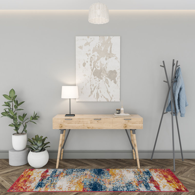 Tapis d'intérieur abstrait rouge / bleu / doré, Tapis de couloir 2 pi 3 po x 7 pi 3 po