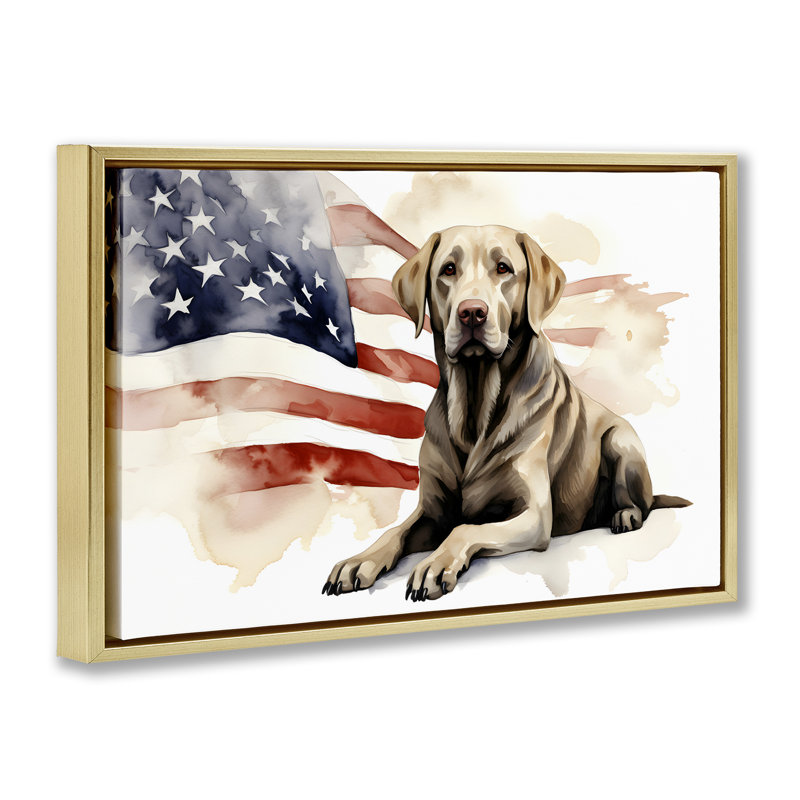Toile flottante encadrée «Patriotic Dog with Flag» par Petal Prints Design, Cadre flottant métallique doré, H 21 po x l 31 po