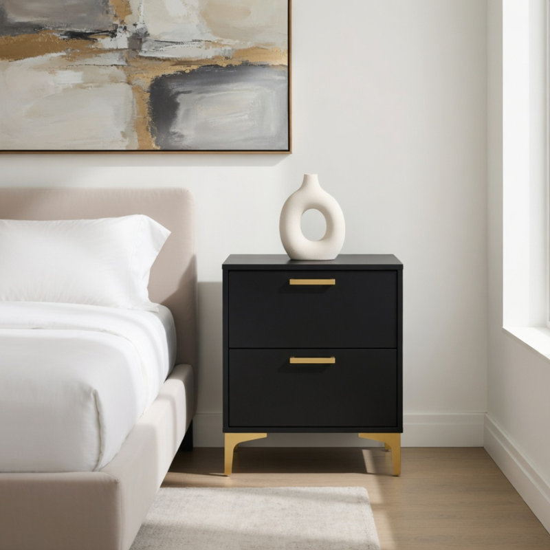 Black And Gold 2-Drawer Rectangular Nightstand, Black