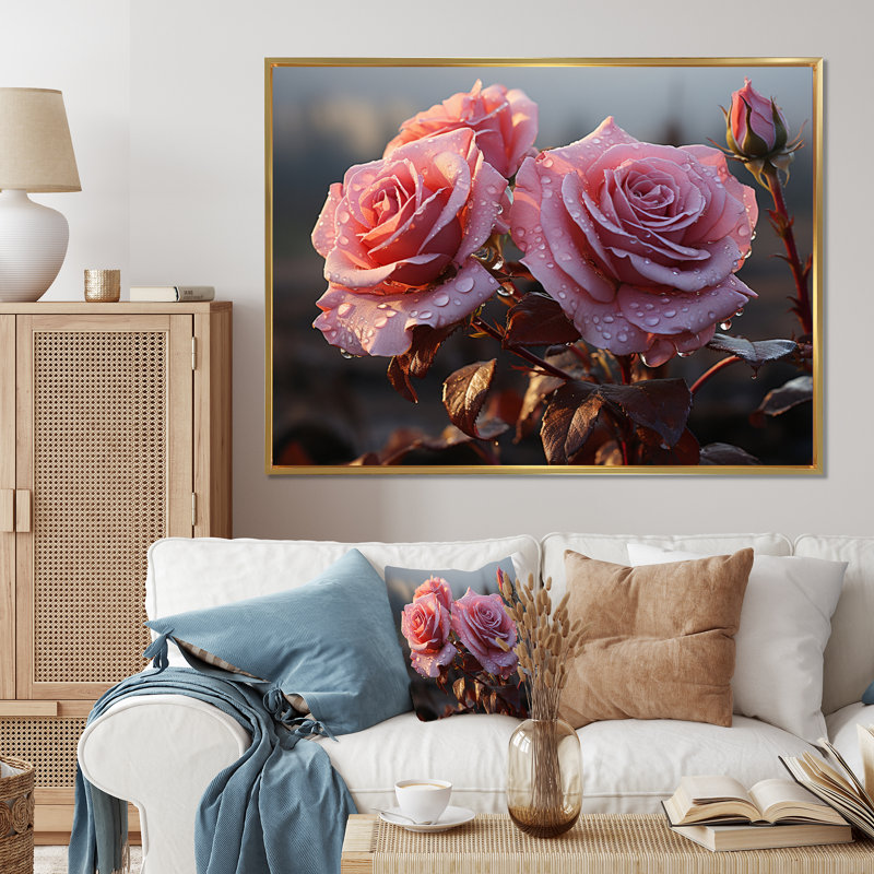 Roses roses lustrées du matin, Cadre flottant doré, H 30 po x l 40 po x P 1,5 po