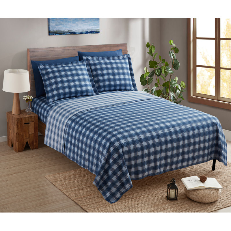 Ultra Soft Microfiber Sheet Set, Blue Plaid, Full XL Sheet Set with 4 Pillowcases