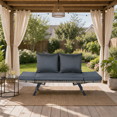 Convertible Outdoor Wicker Loveseat, Adjustable Patio Daybed with Blue Cushions