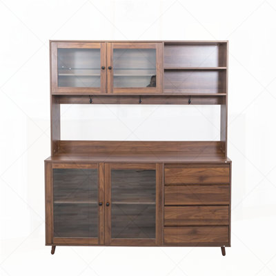 63" W Large Kitchen Hutch Cabinet, Freestanding Pantry Cabinets Storage Kitchen Cupboard with 4 Doors, 4 Drawers & Microwave Shelf, Walnut by George Oliver