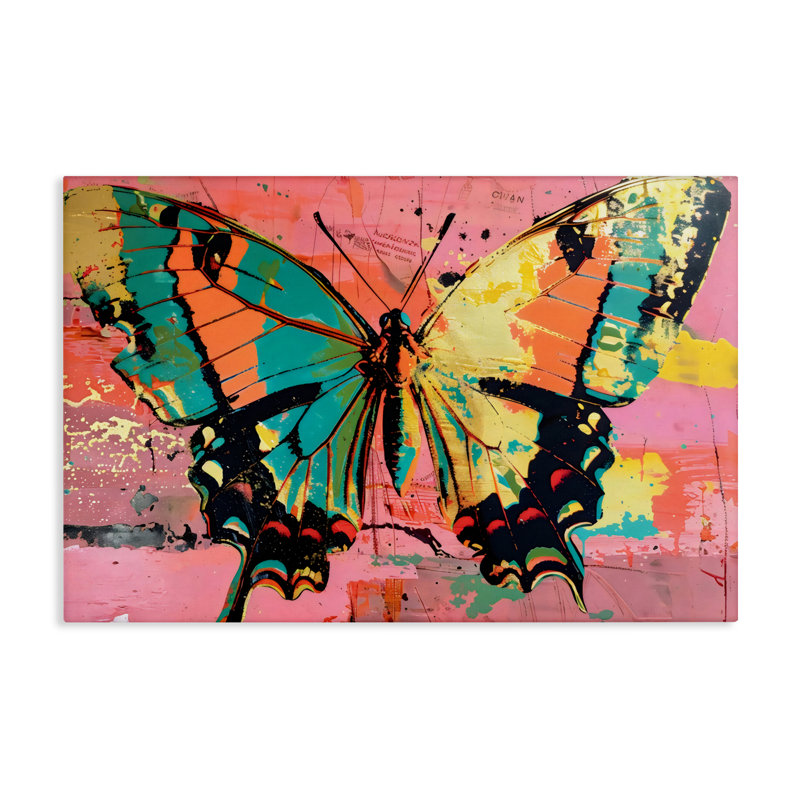 Papillon rétro sur toile abstraite rose, design par LSR Design Studio, H 16 po x l 24 po