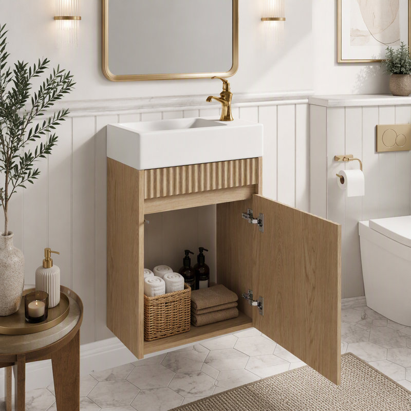 Meuble-lavabo suspendu de 15,7 pouces avec lavabo réversible en SMC, porte à ouverture par simple pression et charnières à fermeture en douceur