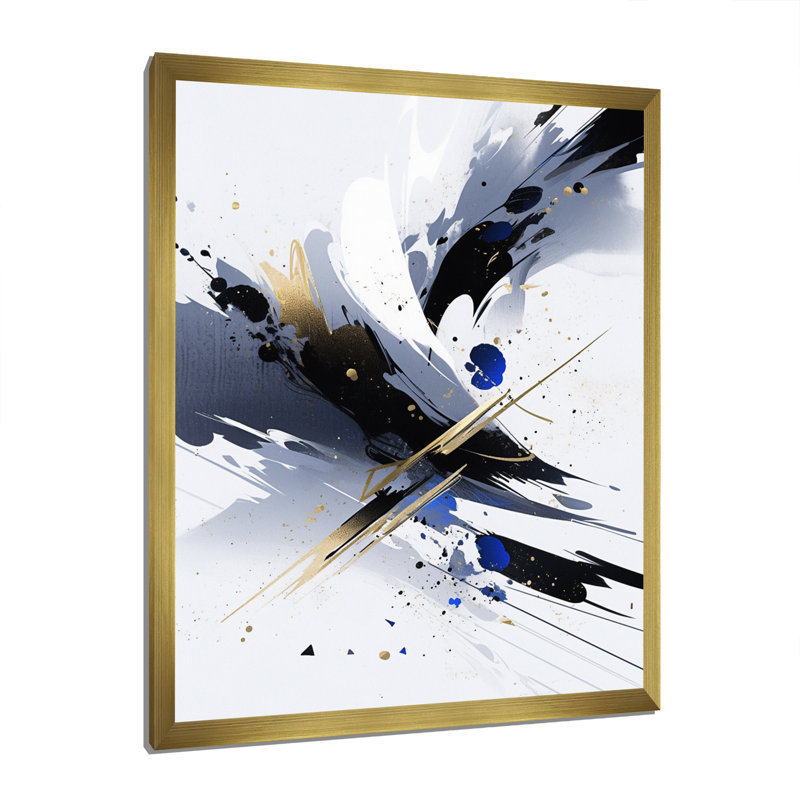 Symphonie cubiste noire et bleue sur toile, Encadrement doré, H 40 po x l 30 po x P 1,5 po