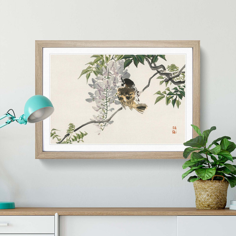 Sparrow on a Branch by Kono Baireir - Picture Frame Painting Print, 27cm H x 36cm W x 2cm D, Oak Framed