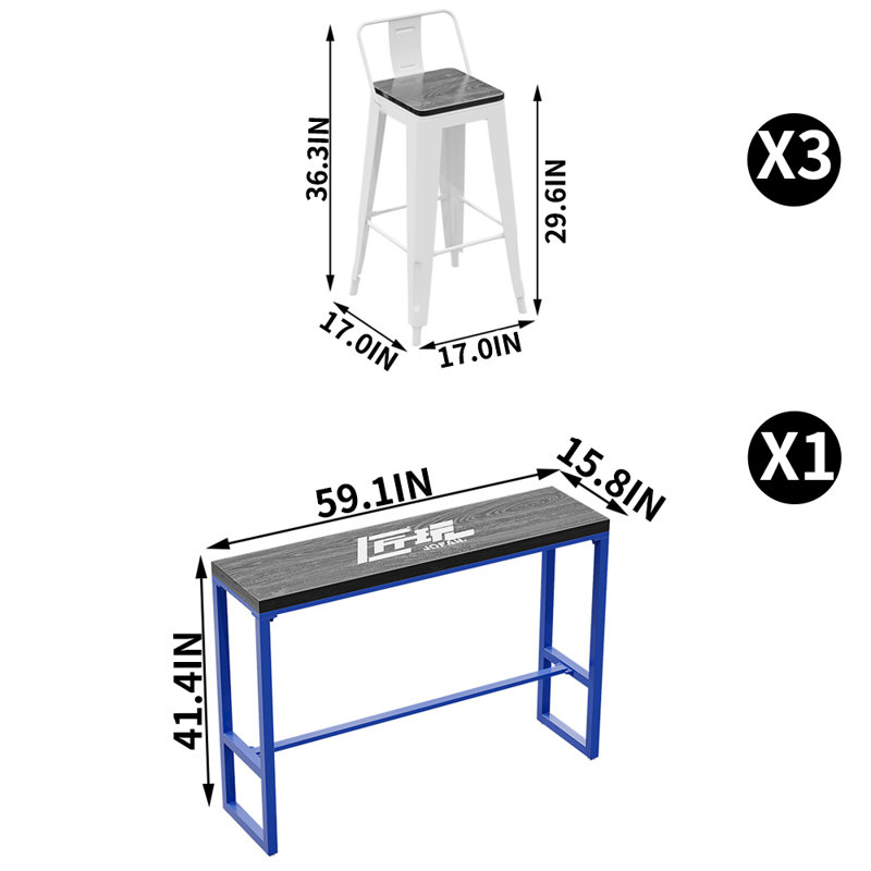 Ensemble de table haute et de chaises style industriel L 15,8 po, H 41,4 po x L 59,1 po x l 15,8 po