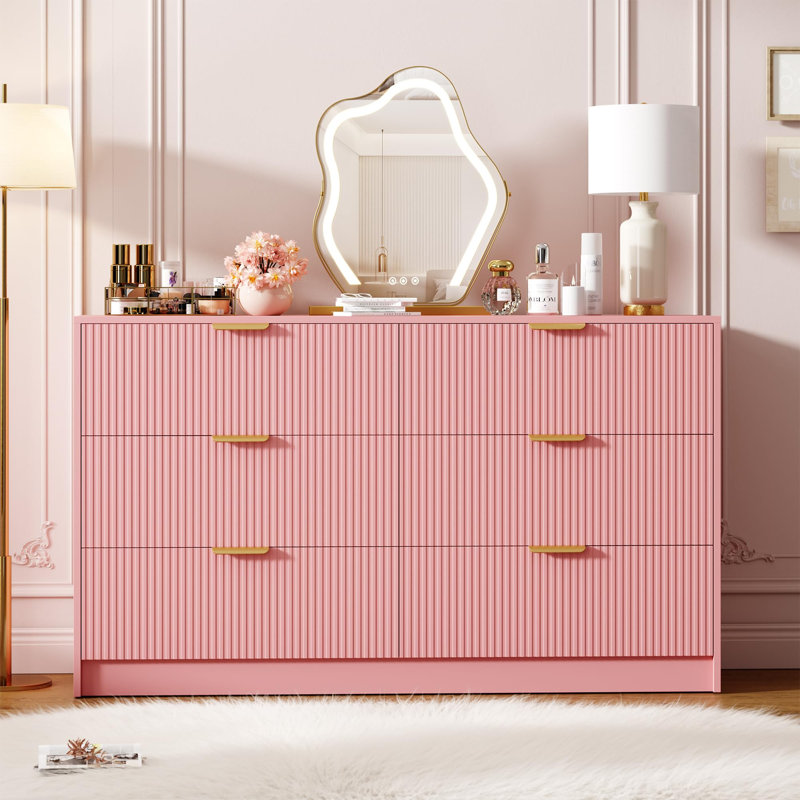 Pink 54" Wide Fluted 7-Drawer Dresser – Double Chest with Gold Handles, Large TV Stand & Versatile Storage for Living Room, Bedroom, Hallway