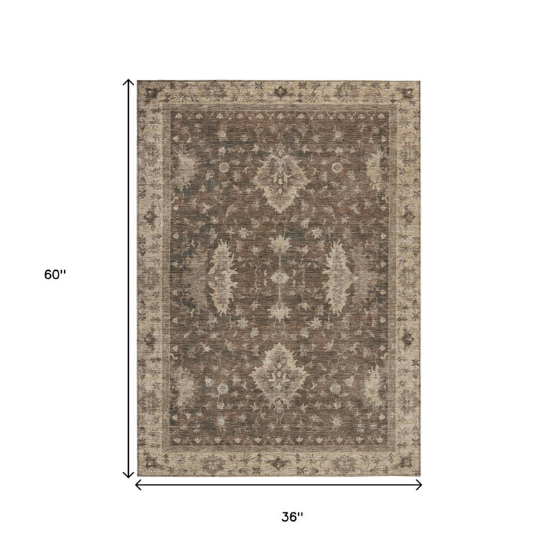Tapis d'intérieur lavable à motif floral brun et beige 3 pi x 5 pi