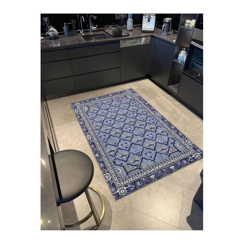 Tapis bleu lavable décoratif à motifs bleus, Sous-tapis rectangulaire de 3 pi 3 po x 4 pi 11 po