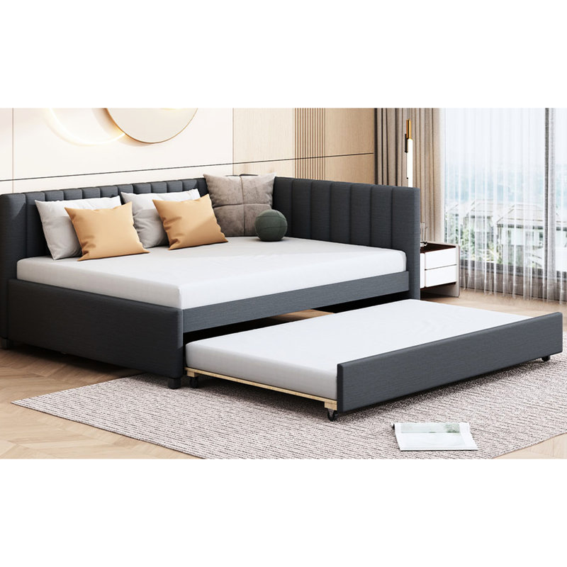 Full Sized Upholstered Daybed With Trundle In Gray Linen, No Box Spring Needed, Classic Style For Durability And Space Saving Linen Fabric Movable Trundle, Gray, Robust Bed Frame, Needed